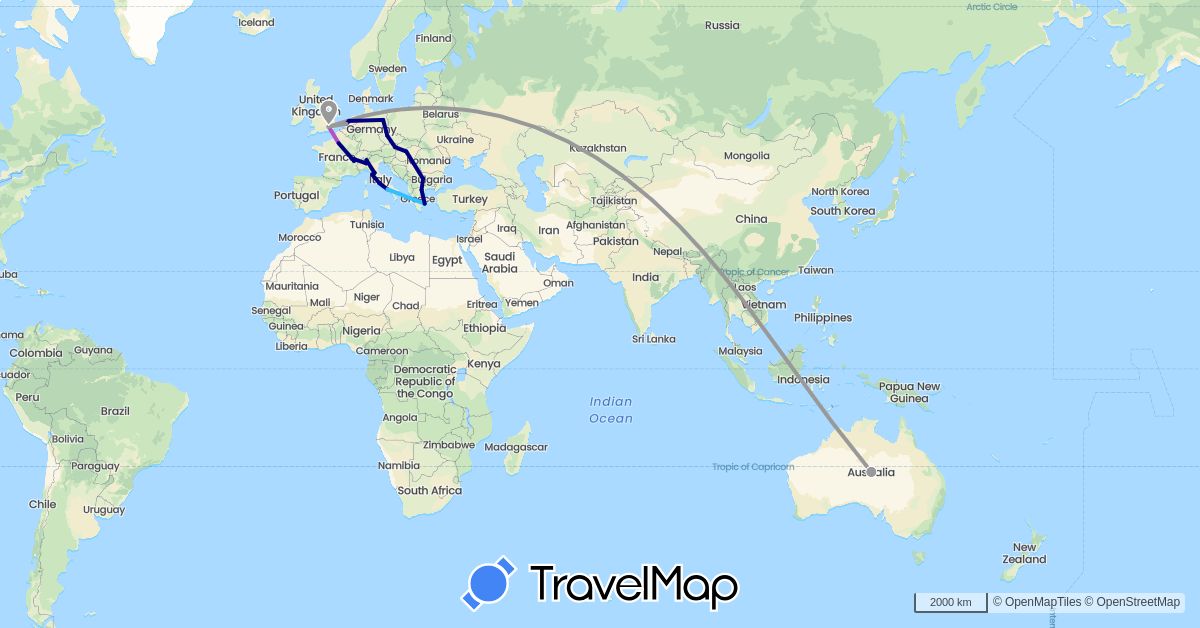TravelMap itinerary: driving, plane, train, boat in Austria, Australia, Bulgaria, Switzerland, Czech Republic, Germany, France, United Kingdom, Greece, Hungary, Italy, Netherlands (Europe, Oceania)